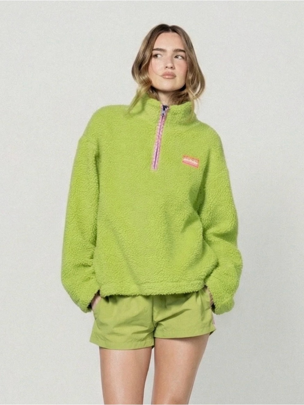 Lime Green Sherpa Quarter-Zip Pullover Jacket
